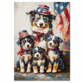 Blue Merle Australian Shepherd Mother and Three Puppies in Patriotic Hats and Scarves with American Flag Background on Ready to Hang 1.5" Thick Canvas Wrap, Floating Framed Canvas, Flat Rolled Canvas